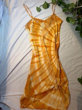 Lucky Brand Yellow Tie-Dye Silk Slip with Lace Trim
